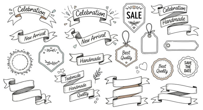Set of hand-drawn style decorative ribbons, banners, and labels for various themes and purposes, white background