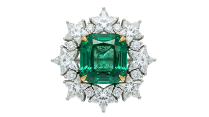 Sparkling Ring with Green Gemstone and White Diamonds on Black