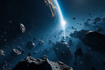 Fototapeta premium Sci-fi cosmic scene of asteroid field and sunlight