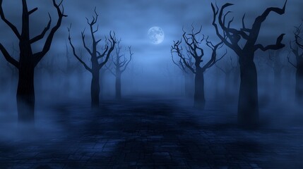Dark and spooky foggy forest landscape with tree silhouettes under a blue night sky
