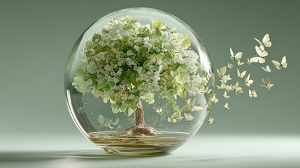 globe. A glass globe containing a miniature tree with floating butterflies, symbolizing nature and wonder. ESG reports.
