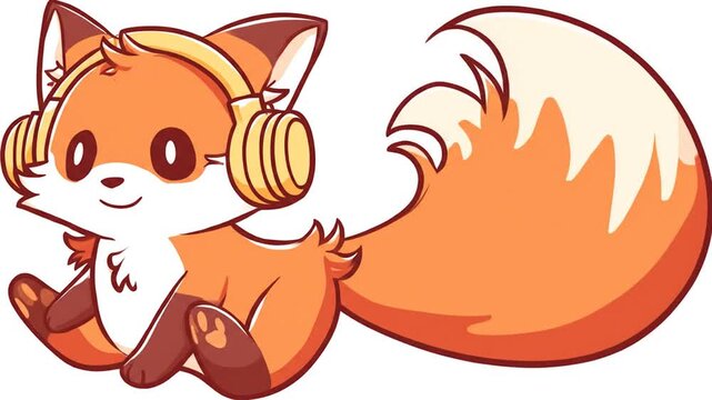Animated cartoon fox with headphones isolated on white background
