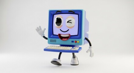 A cute, anthropomorphic cartoon computer character with a friendly face and waving hand.