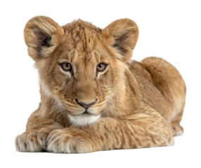 Lion cub playing wildlife sanctuary animal isolated on transparent background