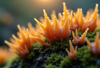 Fototapeta premium Exquisite Macro Detail of Mystic Moss Growth showcasing Complex Structures and Intricate Organisms in Enigmatic Surroundings
