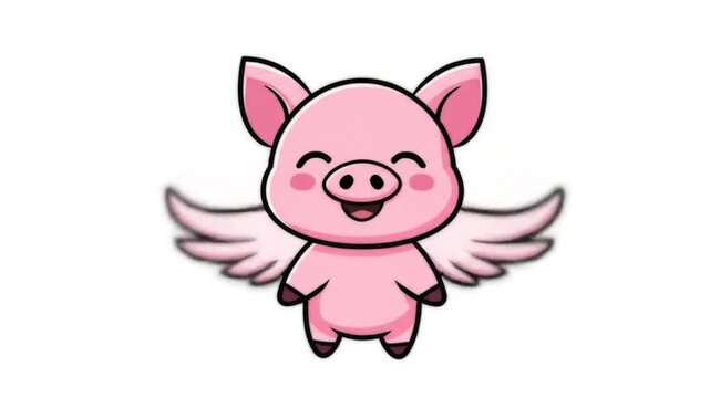 Cartoon illustration of a smiling pig with angel wings on white background