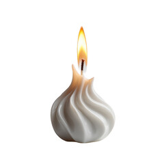 Sculptural White Candle with Flame Against Black Background