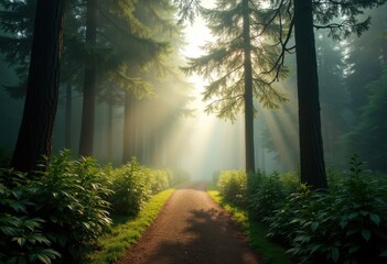 Naklejka premium Misty Path Through Enchanted Woods Surrounded by Lush Evergreens and Illuminated by Gentle Sunlight Rays