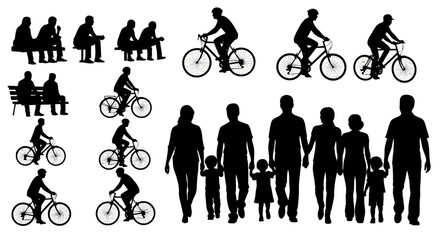 Vector silhouette set featuring people sitting, riding bikes, and walking in a group, white background