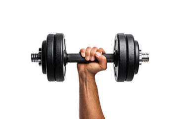 Fototapeta premium Hand holding black adjustable dumbbell with removable weight plates and metal collars, fitness equipment for strength training, isolated on a transparent background