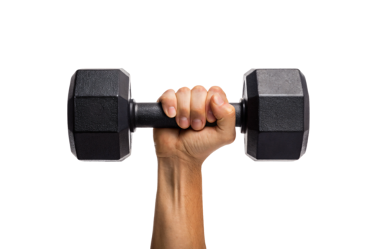 Arm gripping hexagonal rubber-coated dumbbell with textured handle, compact home gym weight for resistance exercises, isolated on a transparent background