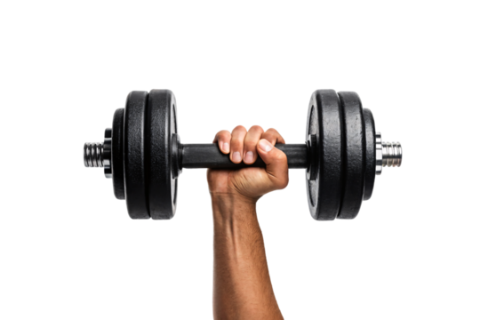 Hand holding black adjustable dumbbell with removable weight plates and metal collars, fitness equipment for strength training, isolated on a transparent background