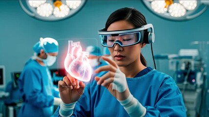 Female surgeon in operating room using augmented reality headset to examine a 3D holographic heart. - Powered by Adobe