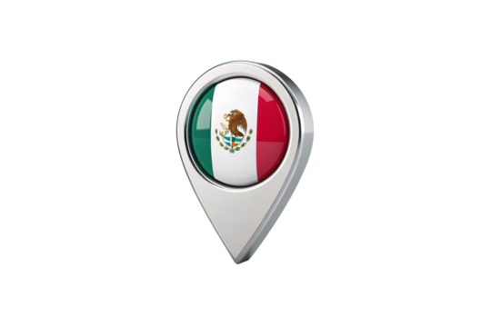 Mexico flag location pin, glossy 3D marker with green white red tricolor emblem, isolated on a transparent background - Powered by Adobe