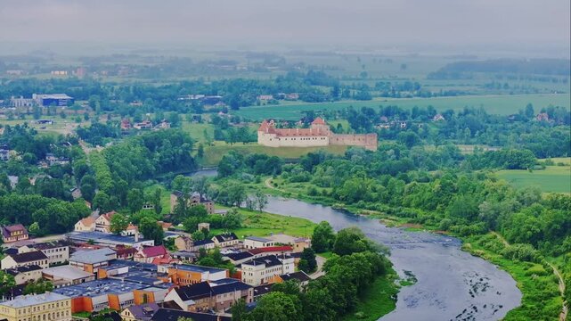 Medieval and modern merge in Bauska&rsquo;s aerial landscape of river and castle