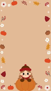 Cute Girl Sitting on Pumpkin Autumn Frame Background