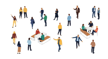 Overhead vector illustration of people in various poses, suitable for architectural and interior design planning, white background