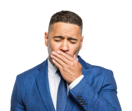 Yawning businessman in suit portrait professional isolated on transparent background