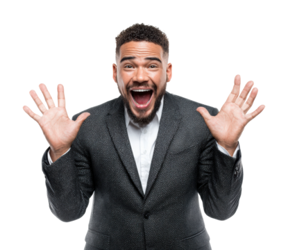 Excited man celebrating joyfully in portrait happy vibes isolated on transparent background
