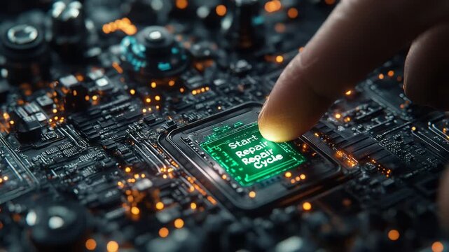 Close up of a finger touching a glowing green computer chip on a circuit board with orange lights. - Powered by Adobe