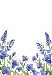 Watercolor Bluebell and Campanula Flower Arrangement on White Background.