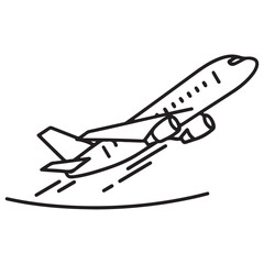 Black Line Icon of a Jet Airplane Taking Off from a Runway