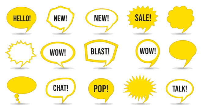 Set of yellow speech bubble frames with various shapes and text elements for graphic design use, white background