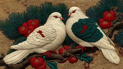 Detailed tapestry shows two stylized doves perched among pine branches and red flowers