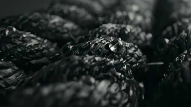 Macro Shot of Coiled, Textured Black Rope
