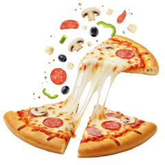 Two supreme pizza slices with mozzarella cheese pull, flying toppings, isolated on a bright white background with copy space, concept for appetizing food advertisement