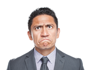 Frustrated businessman in suit office emotional portrait isolated on transparent background