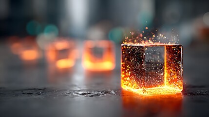 Glowing crystal cubes are emitting vibrant sparks in this blurred background from darkness