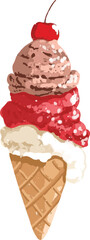 Triple Scoop Ice Cream Cone with Cherry vector illustration
