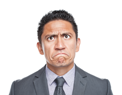Frustrated businessman in suit office emotional portrait isolated on transparent background