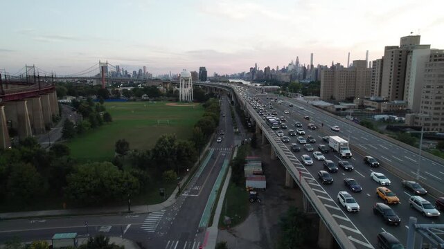 Traffic on New York's I-287 Expressway between Manhattan and Queens, 4K drone shot