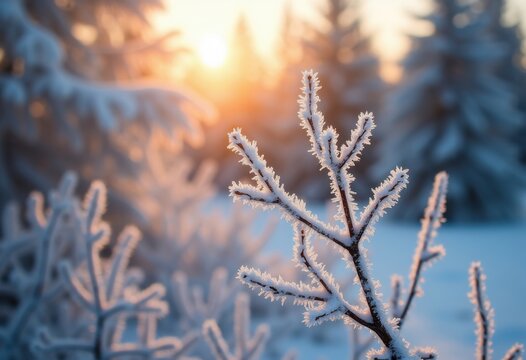 Frosty Crystalized Branches Bathed in Warm Glimmering Winter Light Landscape