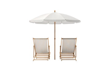 White umbrella with wooden pole and two striped folding beach chairs arranged together, isolated on a transparent background