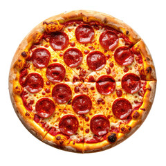 Delicious, overhead shot of a whole pepperoni pizza with cut slices