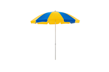Bright blue and yellow striped beach umbrella with silver pole standing alone, isolated on a transparent background
