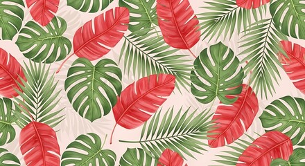 Tropical Leaves Pattern - Vibrant Red and Green Foliage Design.