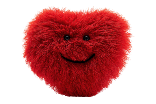 Fluffy red heart character with smiling face and black eyes on black background furry, Isolated On Transparent Background, Png Cut Out - Powered by Adobe