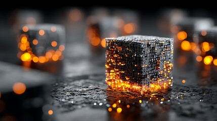 Glowing orange lights emanate from the abstract cube on a circuit patterned surface