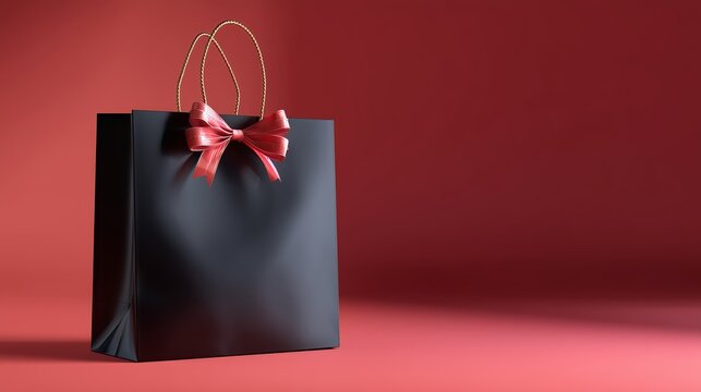 Elegant black gift bag with a red ribbon on a vivid red background - Powered by Adobe