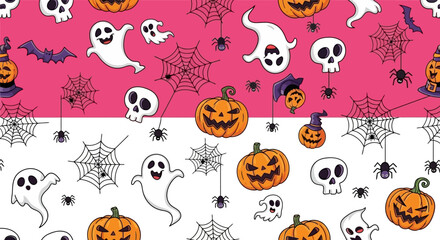 Seamless vector pattern with Halloween elements like pumpkins, spiders, ghosts, and skulls on a pink background, white background