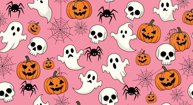 Seamless vector pattern with Halloween elements like pumpkins, spiders, ghosts, and skulls on a pink background, white background