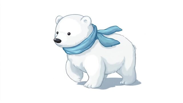 Cartoon polar bear wearing a blue scarf walking on white background