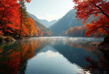 Fototapeta premium Pristine Lake Mirroring Vibrant Autumn Colors in Nature's Playground with Reflections of Crimson and Amber Leaves