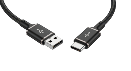 Modern black USB type C connector charging cable for technology. Isolated on transparent background, png