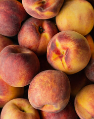 Top view close up of many fresh peaches filling frame.