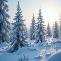 Obraz premium Frozen Pine Obelisk Standing on Glistening Snowy Expanse Under Overcast Atmosphere